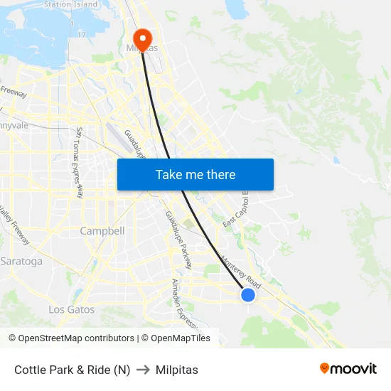 Cottle Park & Ride (N) to Milpitas map