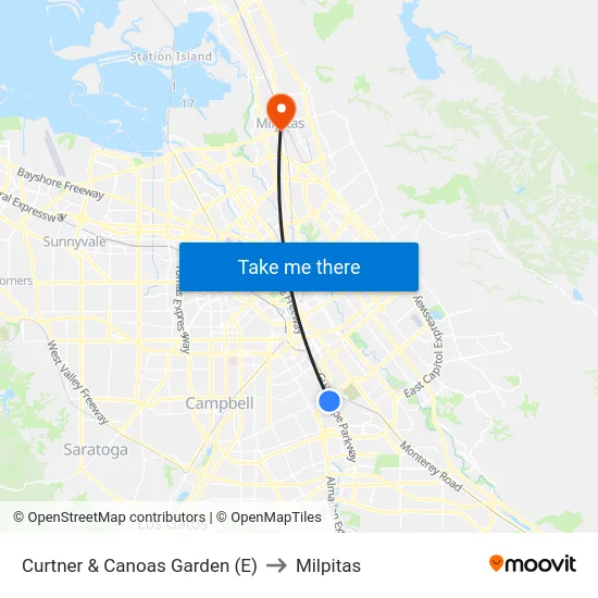 Curtner & Canoas Garden (E) to Milpitas map