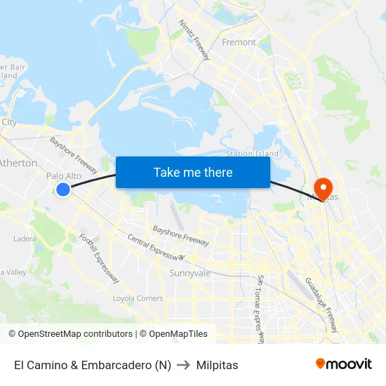 El Camino & Embarcadero (N) to Milpitas map