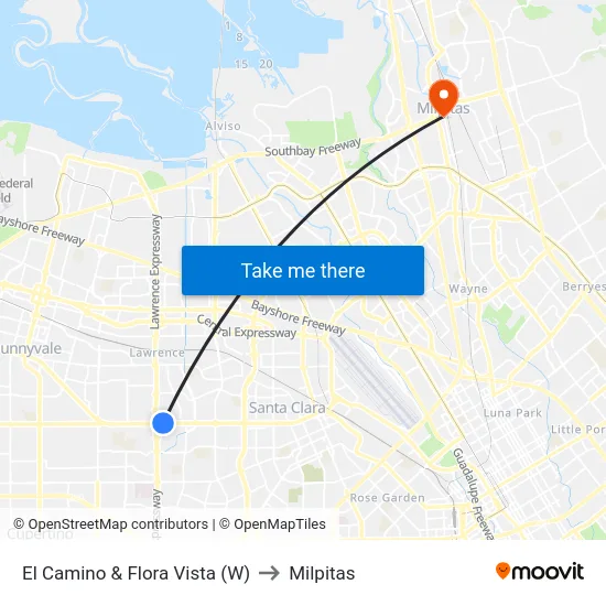 El Camino & Flora Vista (W) to Milpitas map