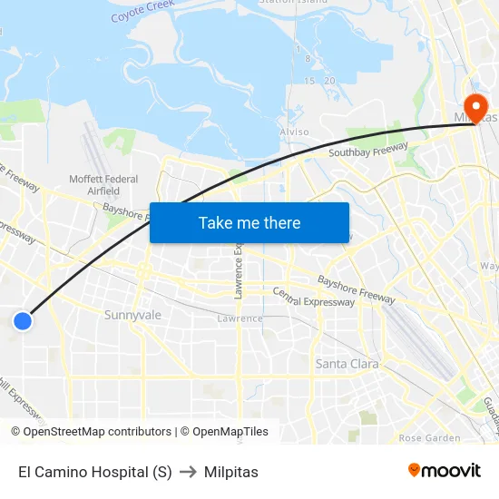 El Camino Hospital (S) to Milpitas map