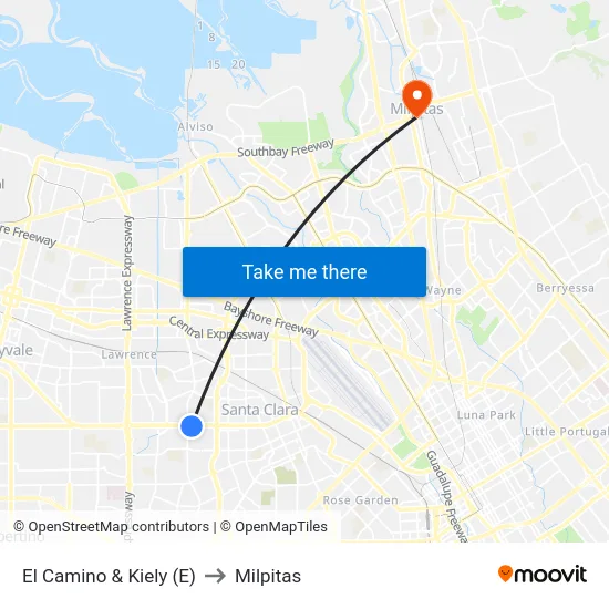 El Camino & Kiely (E) to Milpitas map