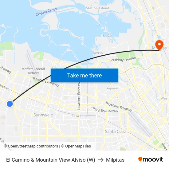 El Camino & Mountain View-Alviso (W) to Milpitas map