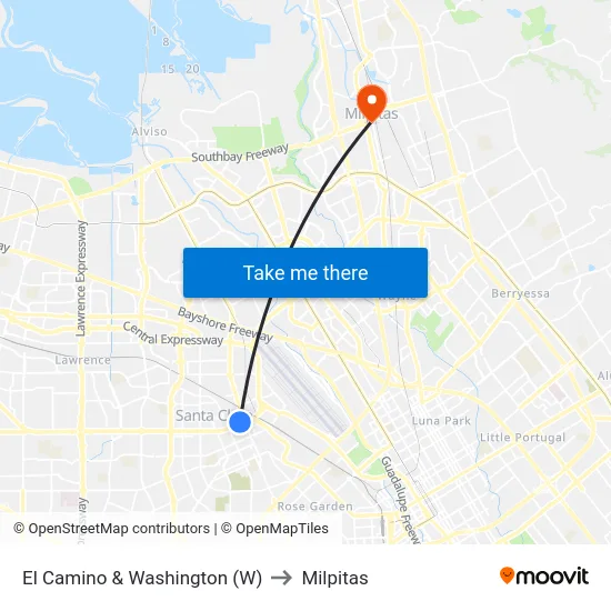 El Camino & Washington (W) to Milpitas map