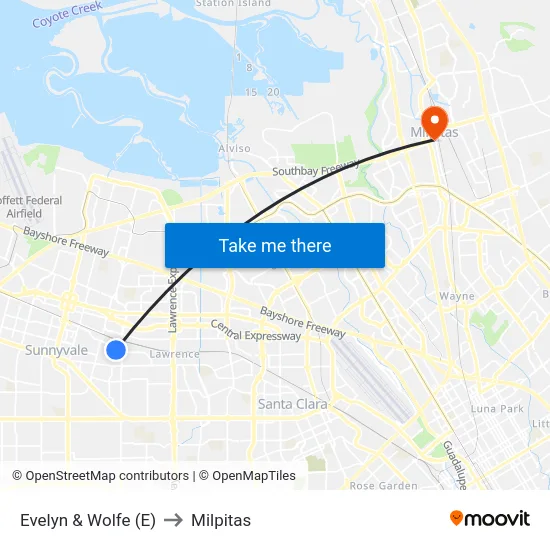Evelyn & Wolfe (E) to Milpitas map