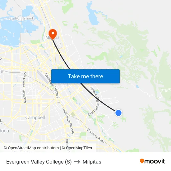 Evergreen Valley College (S) to Milpitas map