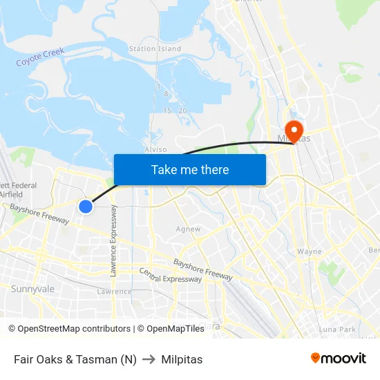 Fair Oaks & Tasman (N) to Milpitas map