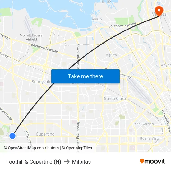 Foothill & Cupertino (N) to Milpitas map
