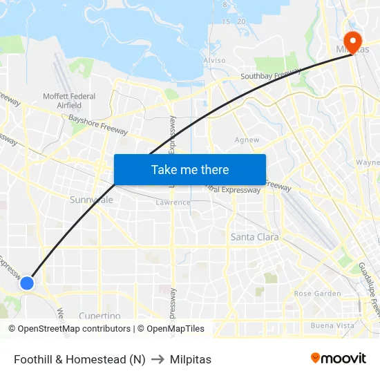 Foothill & Homestead (N) to Milpitas map