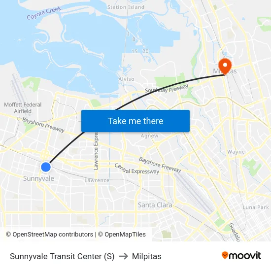 Sunnyvale Transit Center (S) to Milpitas map