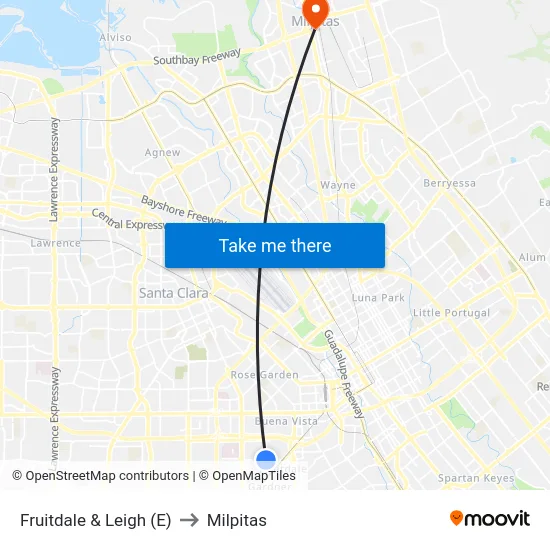 Fruitdale & Leigh (E) to Milpitas map