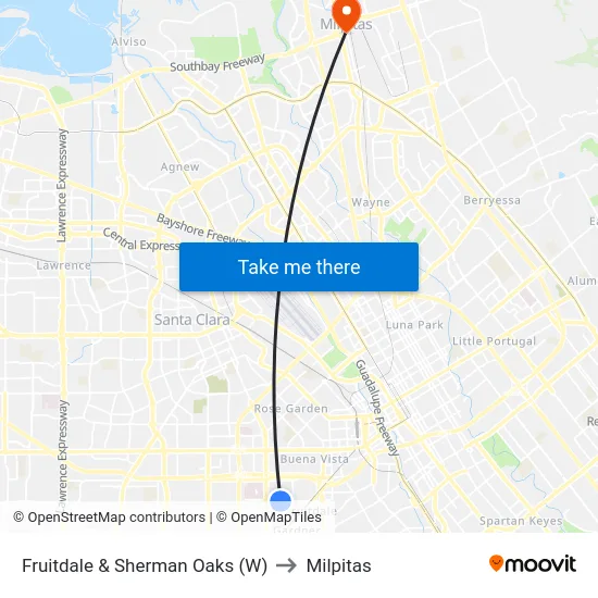 Fruitdale & Sherman Oaks (W) to Milpitas map