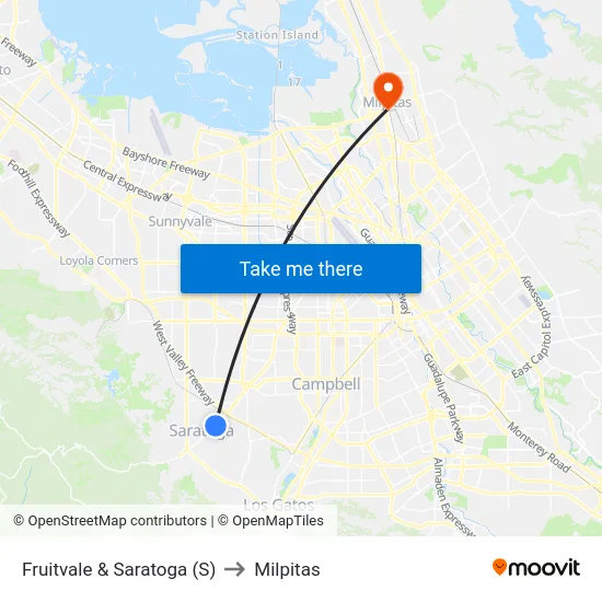 Fruitvale & Saratoga (S) to Milpitas map