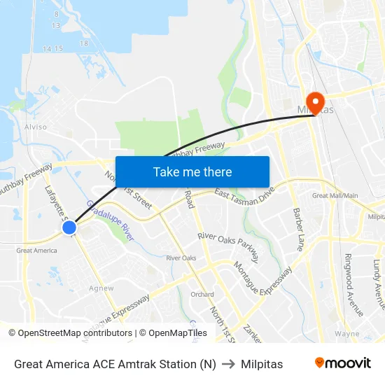 Great America ACE Amtrak Station (N) to Milpitas map
