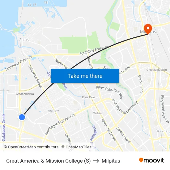 Great America & Mission College (S) to Milpitas map