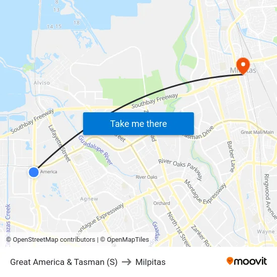 Great America & Tasman (S) to Milpitas map