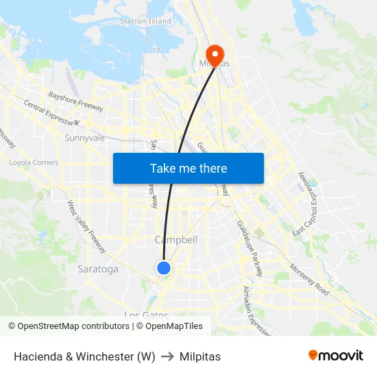 Hacienda & Winchester (W) to Milpitas map