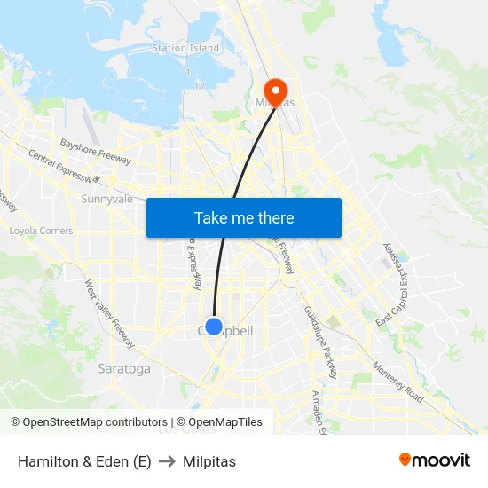 Hamilton & Eden (E) to Milpitas map