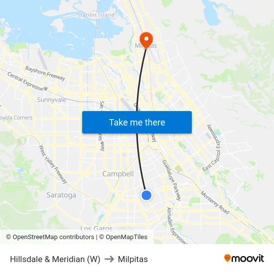 Hillsdale & Meridian (W) to Milpitas map
