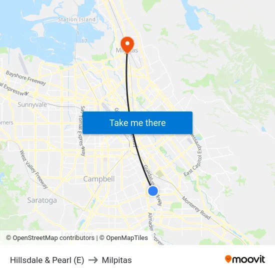 Hillsdale & Pearl (E) to Milpitas map