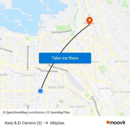 Kiely & El Camino (S) to Milpitas map