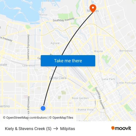 Kiely & Stevens Creek (S) to Milpitas map