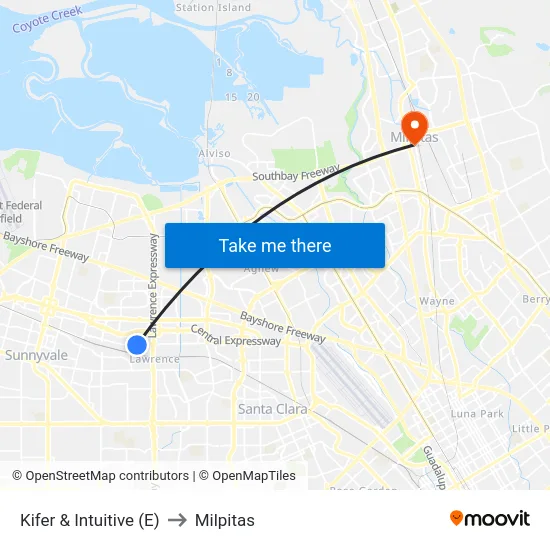 Kifer & Intuitive (E) to Milpitas map