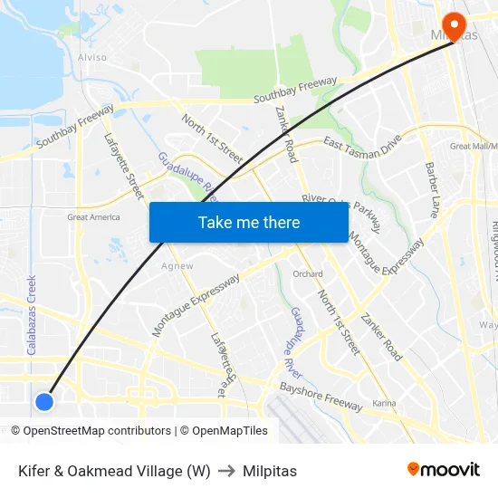 Kifer & Oakmead Village (W) to Milpitas map