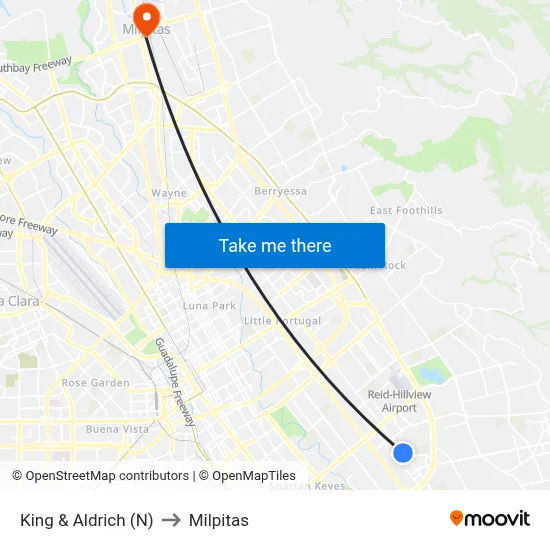 King & Aldrich (N) to Milpitas map