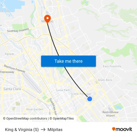 King & Virginia (S) to Milpitas map