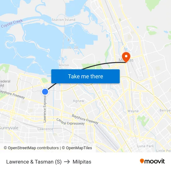 Lawrence & Tasman (S) to Milpitas map