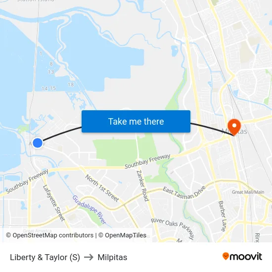 Liberty & Taylor (S) to Milpitas map