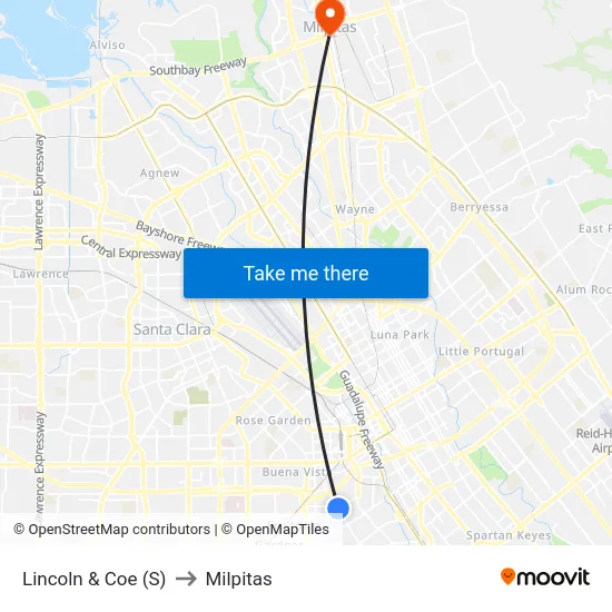 Lincoln & Coe (S) to Milpitas map