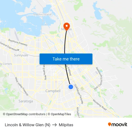 Lincoln & Willow Glen (N) to Milpitas map