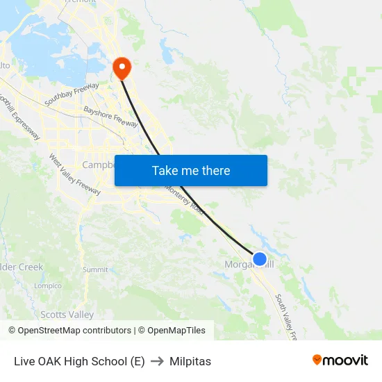 Live OAK High School (E) to Milpitas map