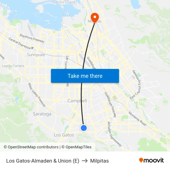 Los Gatos-Almaden & Union (E) to Milpitas map