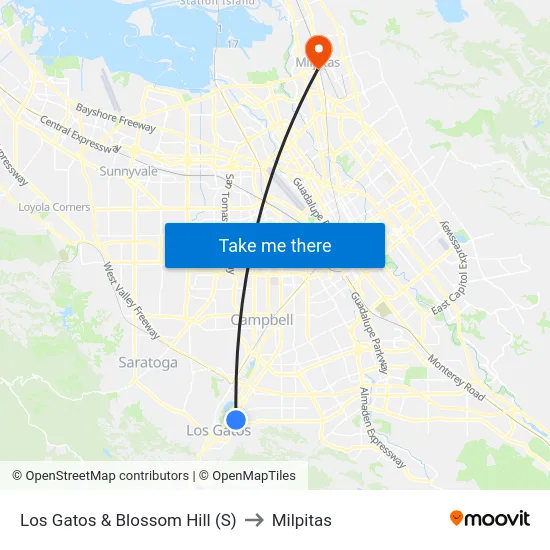 Los Gatos & Blossom Hill (S) to Milpitas map
