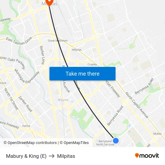 Mabury & King (E) to Milpitas map