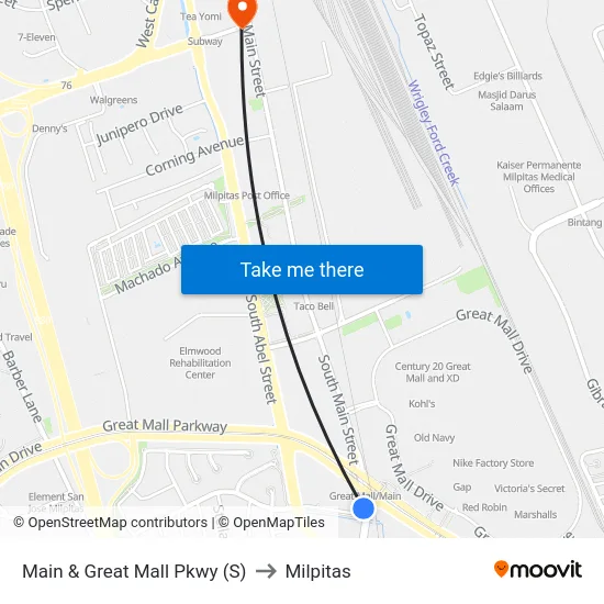 Main & Great Mall Pkwy (S) to Milpitas map