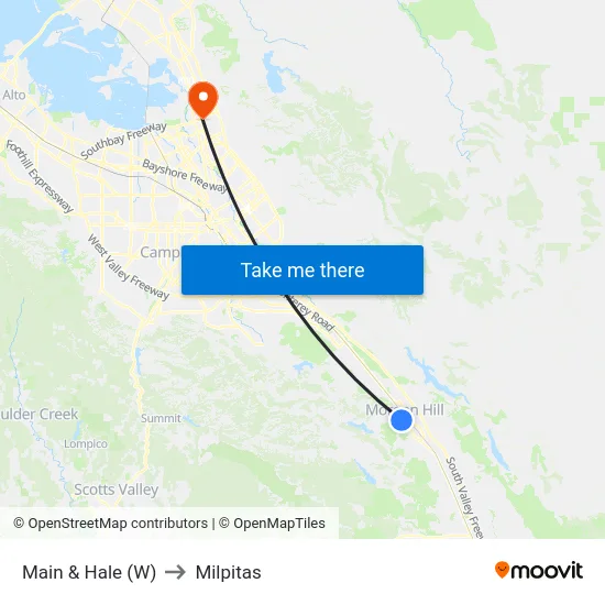 Main & Hale (W) to Milpitas map