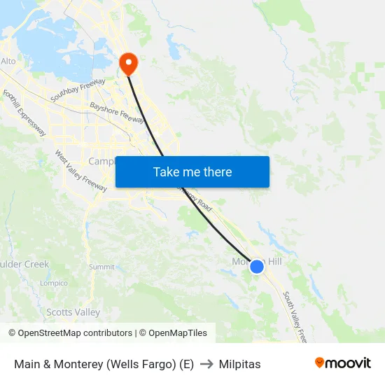 Main & Monterey (Wells Fargo) (E) to Milpitas map