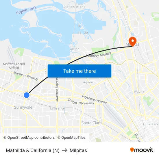 Mathilda & California (N) to Milpitas map