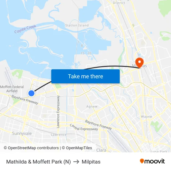Mathilda & Moffett Park (N) to Milpitas map