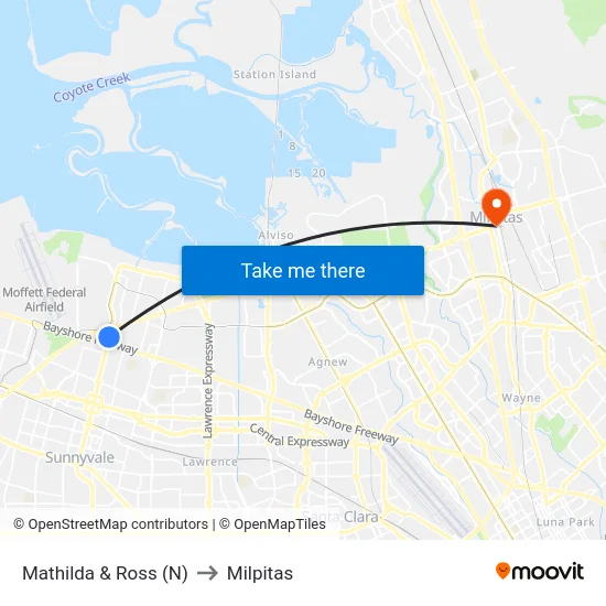 Mathilda & Ross (N) to Milpitas map