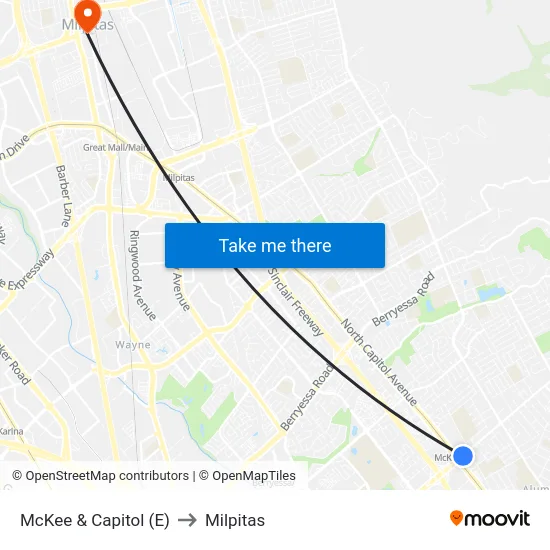 McKee & Capitol (E) to Milpitas map
