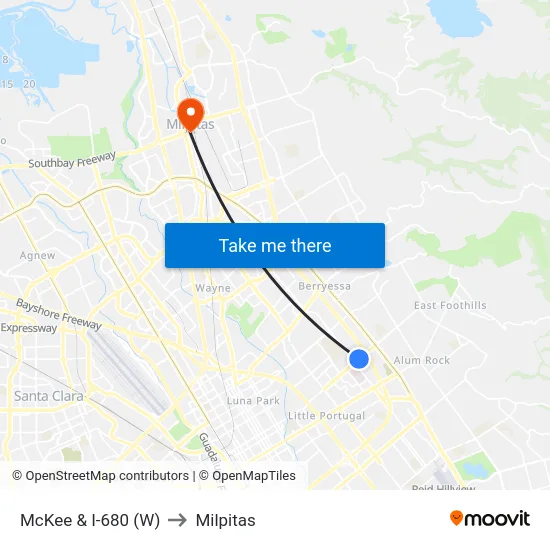 McKee & I-680 (W) to Milpitas map