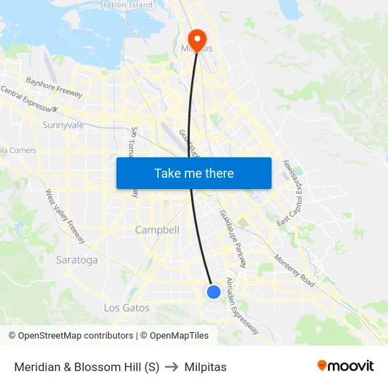 Meridian & Blossom Hill (S) to Milpitas map
