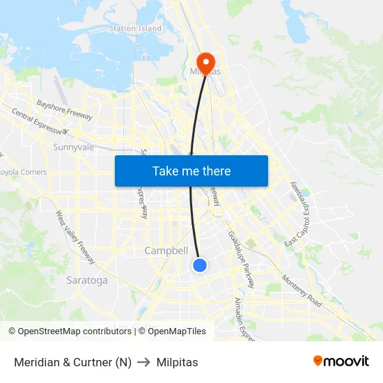 Meridian & Curtner (N) to Milpitas map