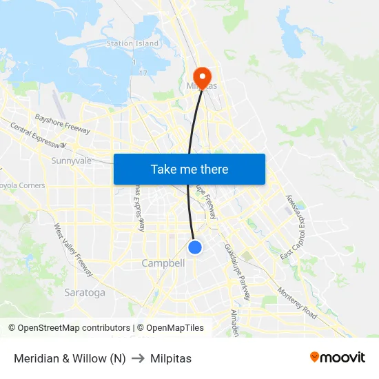Meridian & Willow (N) to Milpitas map