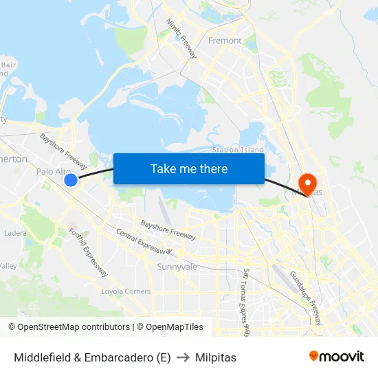 Middlefield & Embarcadero (E) to Milpitas map